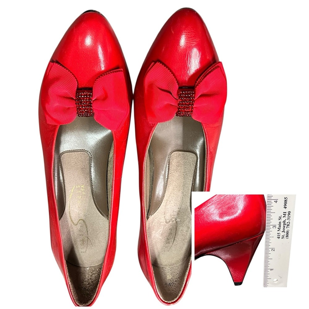 Vtg Easy Spirit Leather Pumps Sz 9 Red Beaded Bow Detail 2.75" Heel Holiday